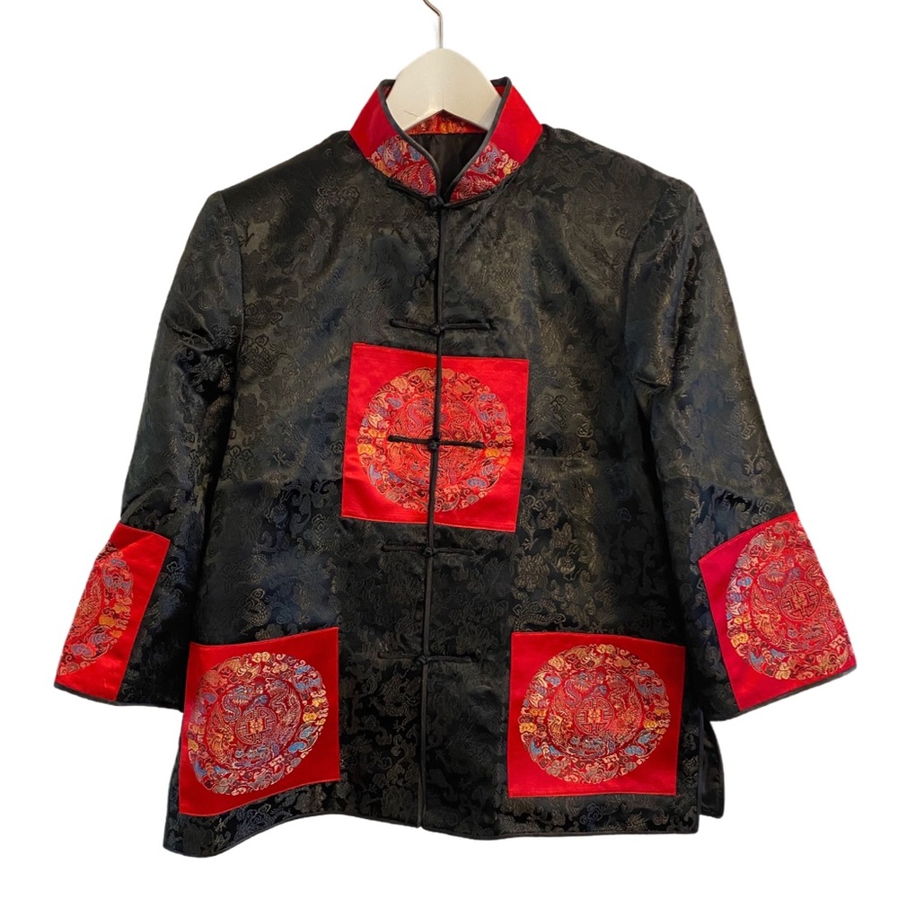 Chinese Brocade Jacket, Frog Closure, Black W/ Red Embroidered Panels S/M